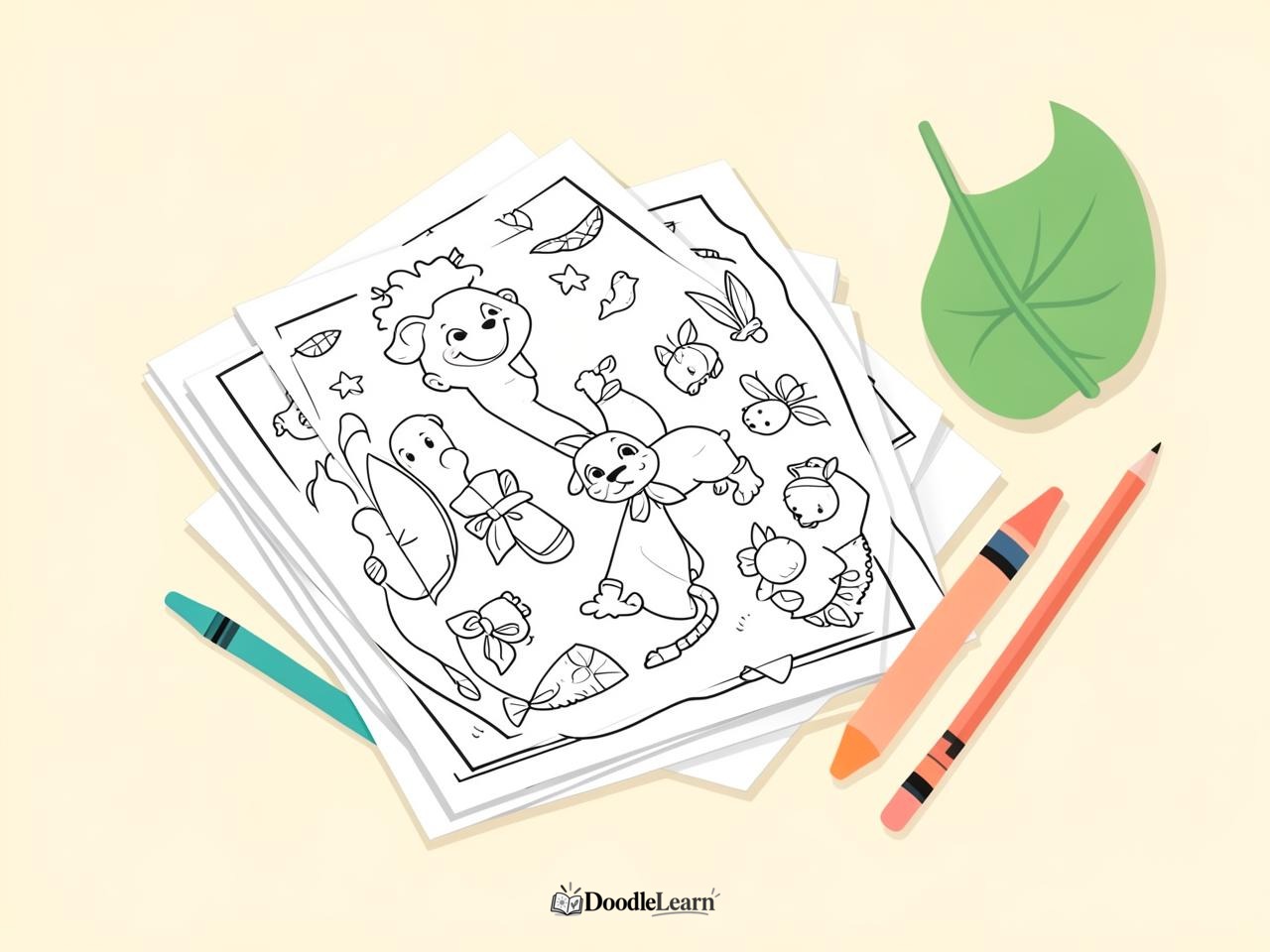 A stack of printed coloring sheets with crayons and coloured pencils